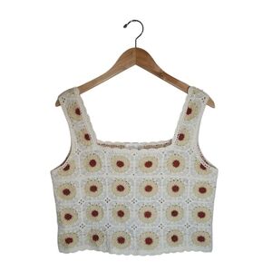 Rebellion Cream Crochet Granny Square Cropped Tank Top Size L